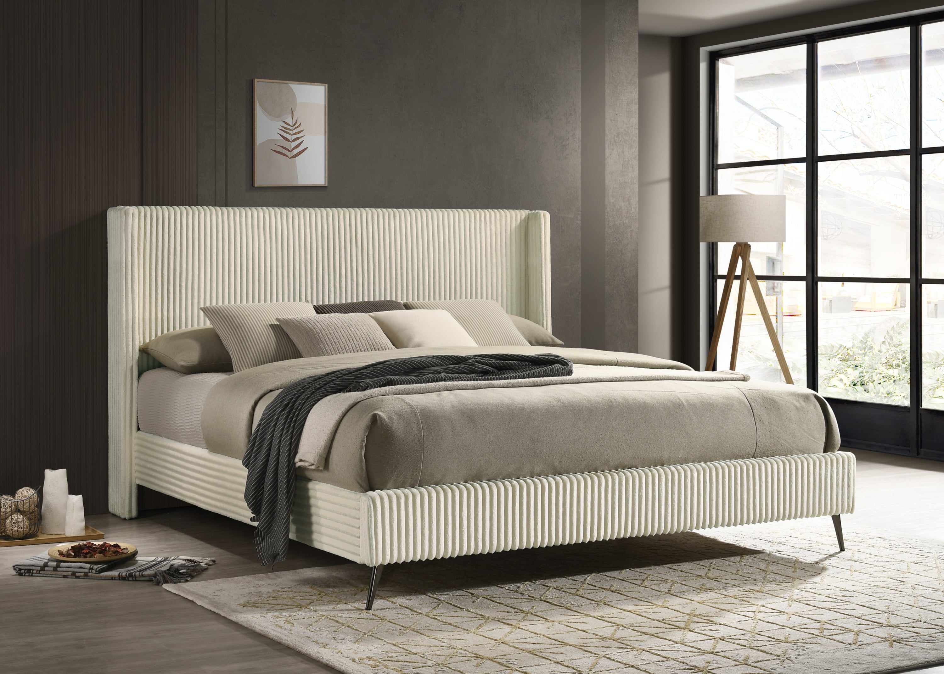 Mavela Wide Wale Corduroy Upholstery Panel King Bed with 2 Nightstands and Bench, Cream