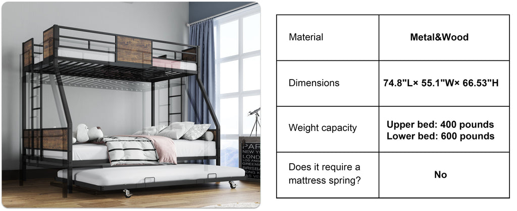 Twin Over Full Bunk Beds with Trundle, Metal Bunk Bed Frame with Safety Guardrail and 2 Ladder for Kids,Sturdy Metal Frame and Protective Board Supports, No Box Spring Needed, Easy Assembly