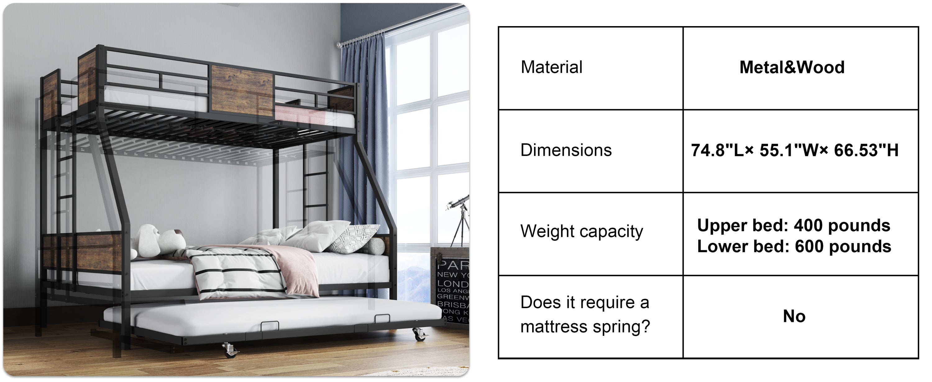 Twin Over Full Bunk Beds with Trundle, Metal Bunk Bed Frame with Safety Guardrail and 2 Ladder for Kids,Sturdy Metal Frame and Protective Board Supports, No Box Spring Needed, Easy Assembly
