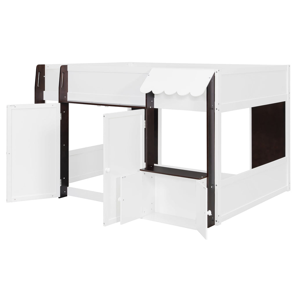 Full Loft House Bed with Playhouse & Storage, Modern Wood Cabin Bed for Kids/Teens, White+Espresso