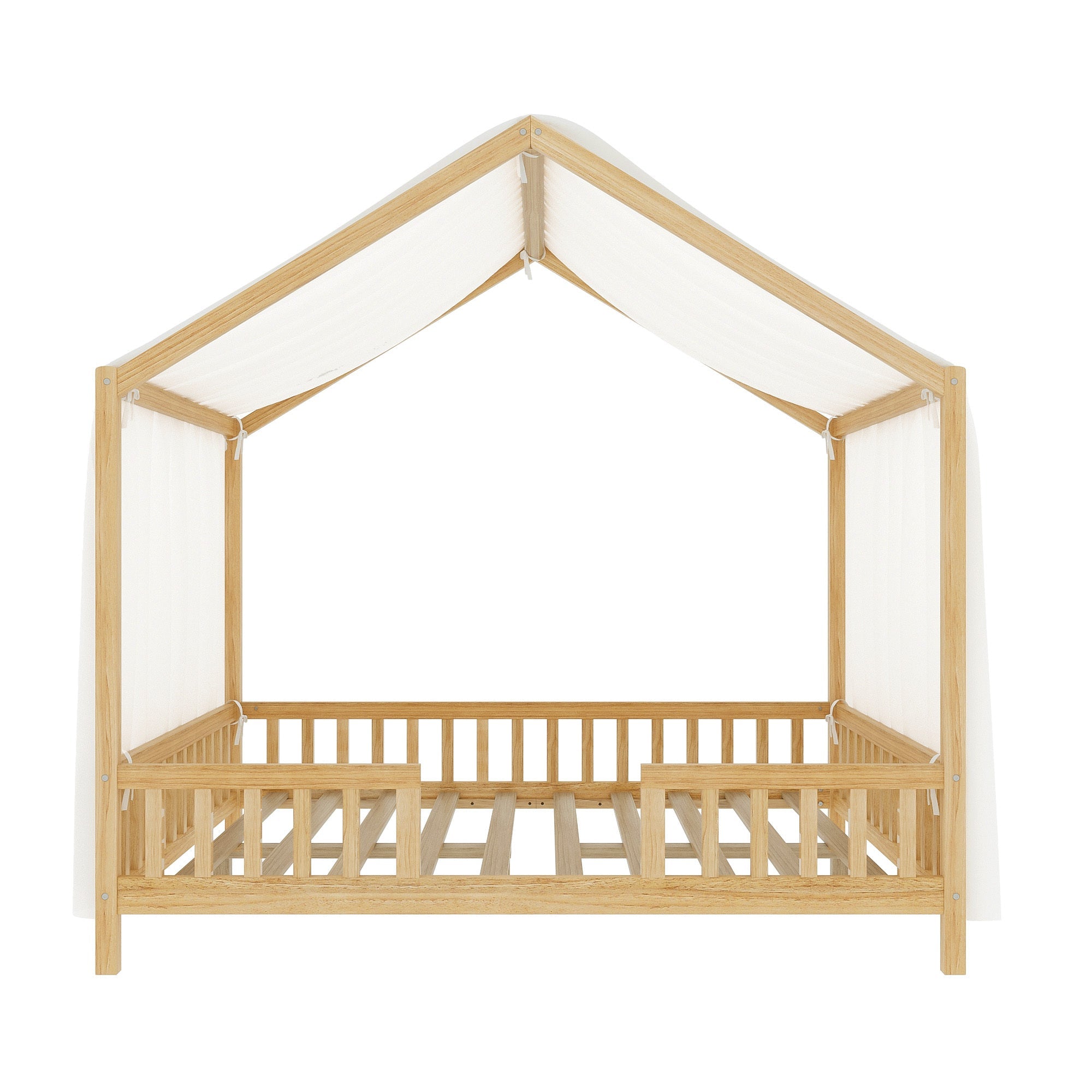 Montessori Floor Bed with Canopy, Full Bed Frame for Kids, House Shape Kids Bed Frame with High Railings, Wood Kids Bed with Roof, Kid Full Bed, Natural