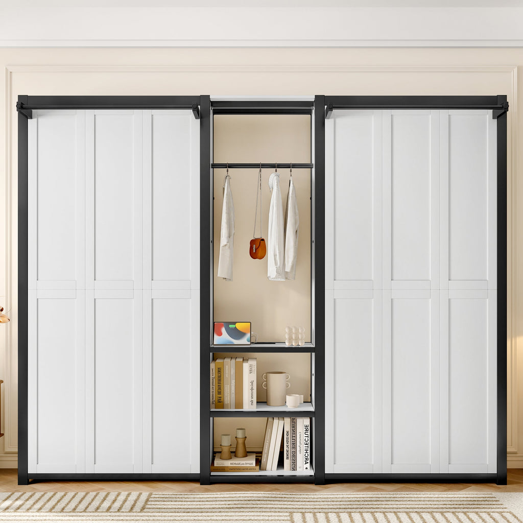 Twin and Twin Murphy Bed, Metal Foldable Murphy Bed with Wardrobe, Shelves and Power Outlets, 2 in 1 Design, Space-saving, White