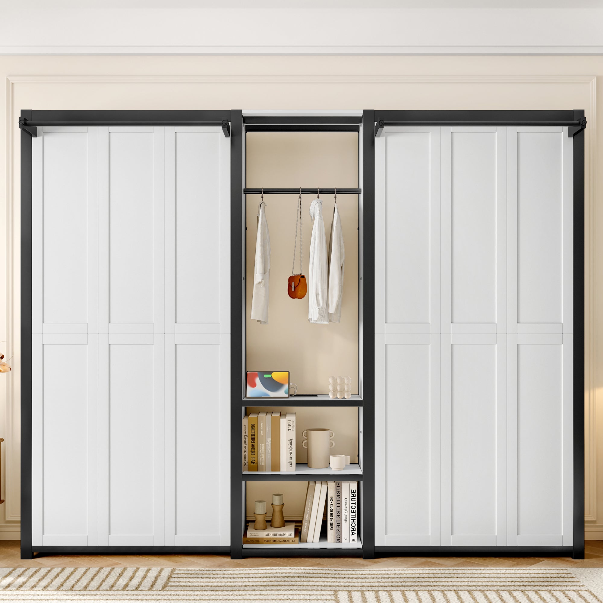 Twin and Twin Murphy Bed, Metal Foldable Murphy Bed with Wardrobe, Shelves and Power Outlets, 2 in 1 Design, Space-saving, White