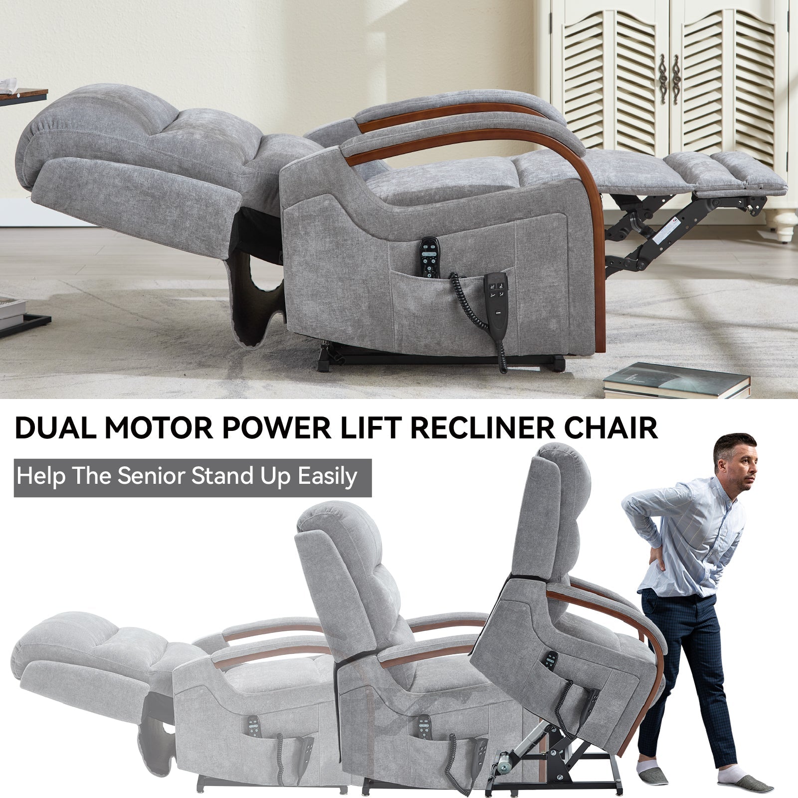 Power Grey Chenille Lift Recliner Chair Dual Motor Infinite Position Up to 350 LBS with Solid Wood Armrests, Heat Massage and Heavy Duty Motion Mechanism