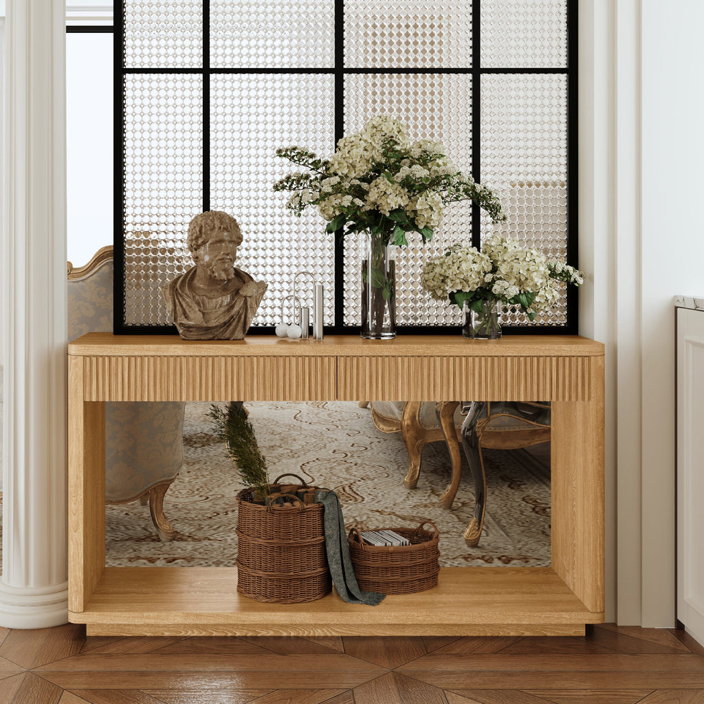 60' Modern 2-Drawer Fluted Console Table Natural Wood Veneer Sofa Table Behind Couch Table for Living Room, Hallway, Entryway, Home Office, Natural Wood