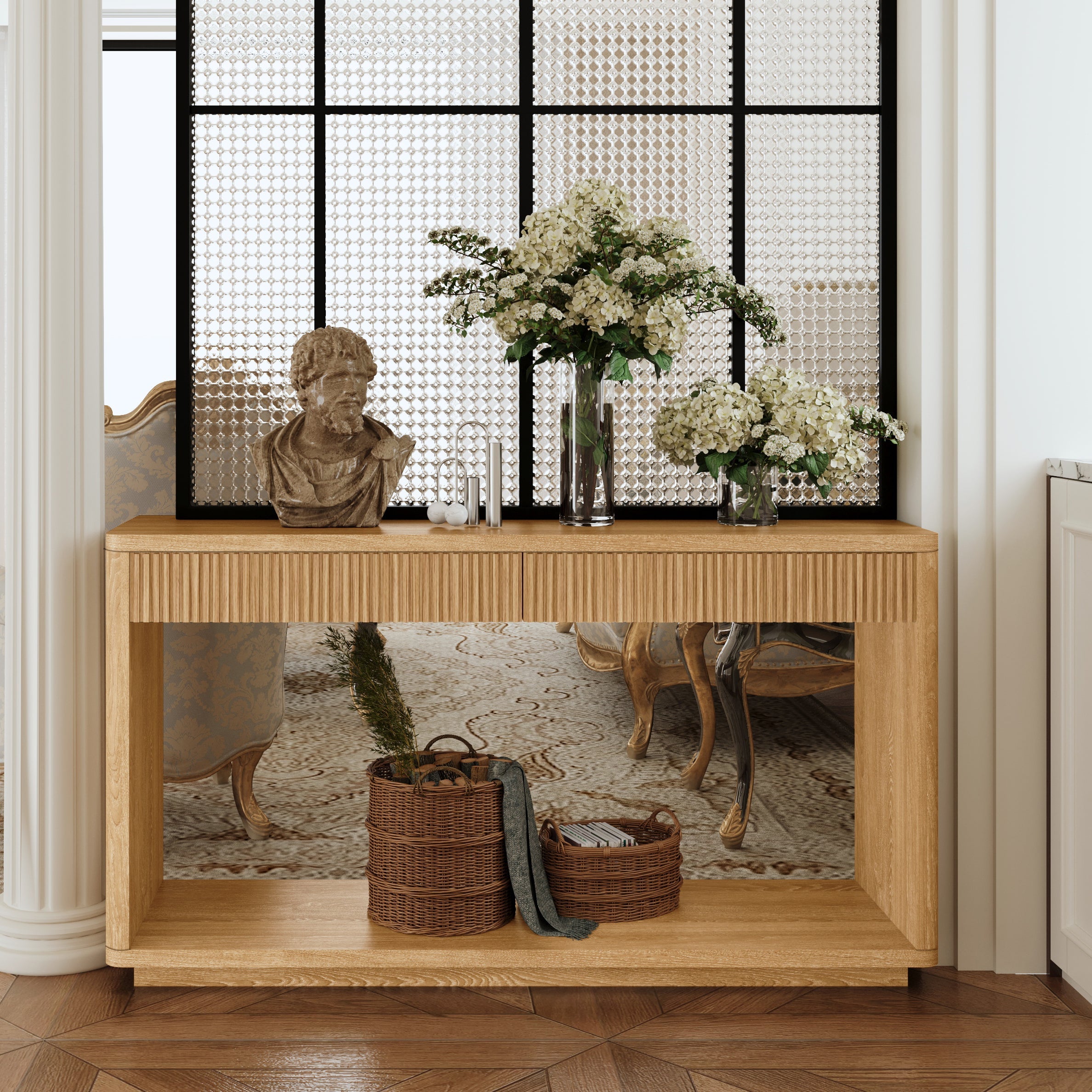 60' Modern 2-Drawer Fluted Console Table Natural Wood Veneer Sofa Table Behind Couch Table for Living Room, Hallway, Entryway, Home Office, Natural Wood