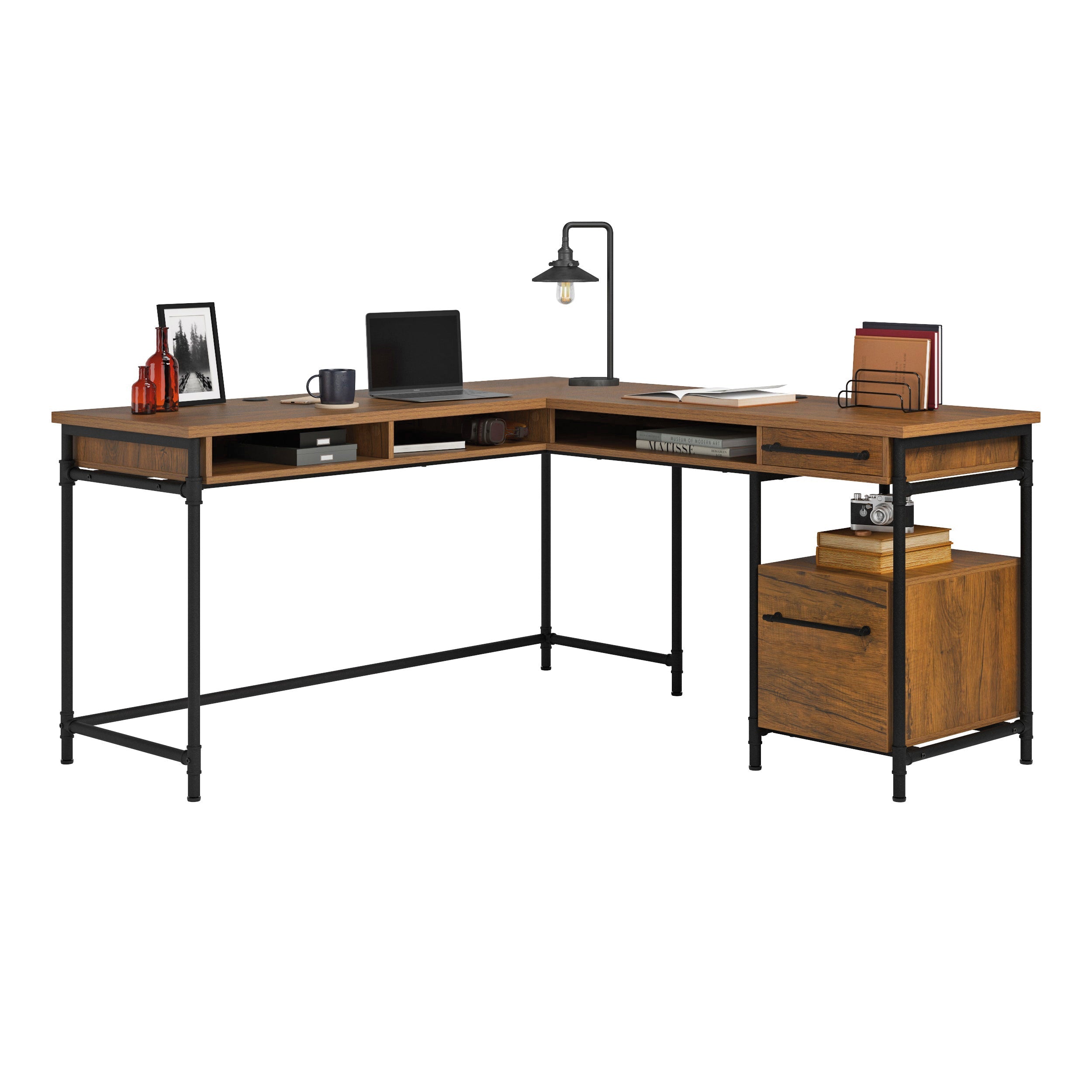 L-Shaped Desk, Brown finish