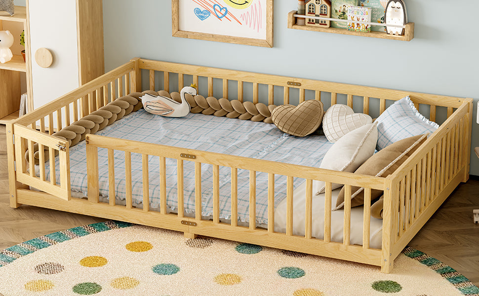Queen Size Bed Floor Bed with Safety Guardrails and Door for Kids, Natural( Old SKU:W1580P154630)