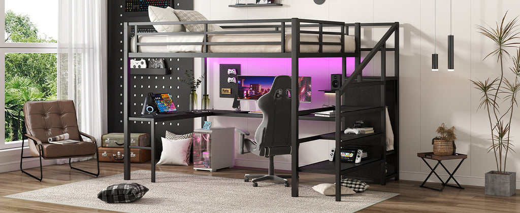 Queen Size Loft Bed with L-shaped Desk and USB, Metal Loft Bed with Wardrobe and Adjustable Shelf, High Loft Bed with LED for Kids Teens Adults, Black