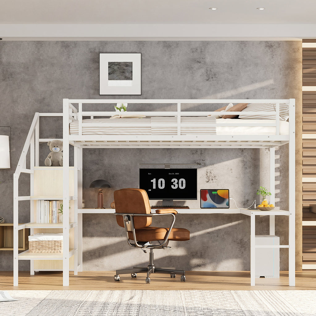 Queen Size Loft Bed with L-shaped Desk and USB, Metal Loft Bed with Wardrobe and Adjustable Shelf, High Loft Bed with LED for Kids Teens Adults, White Wood-grain