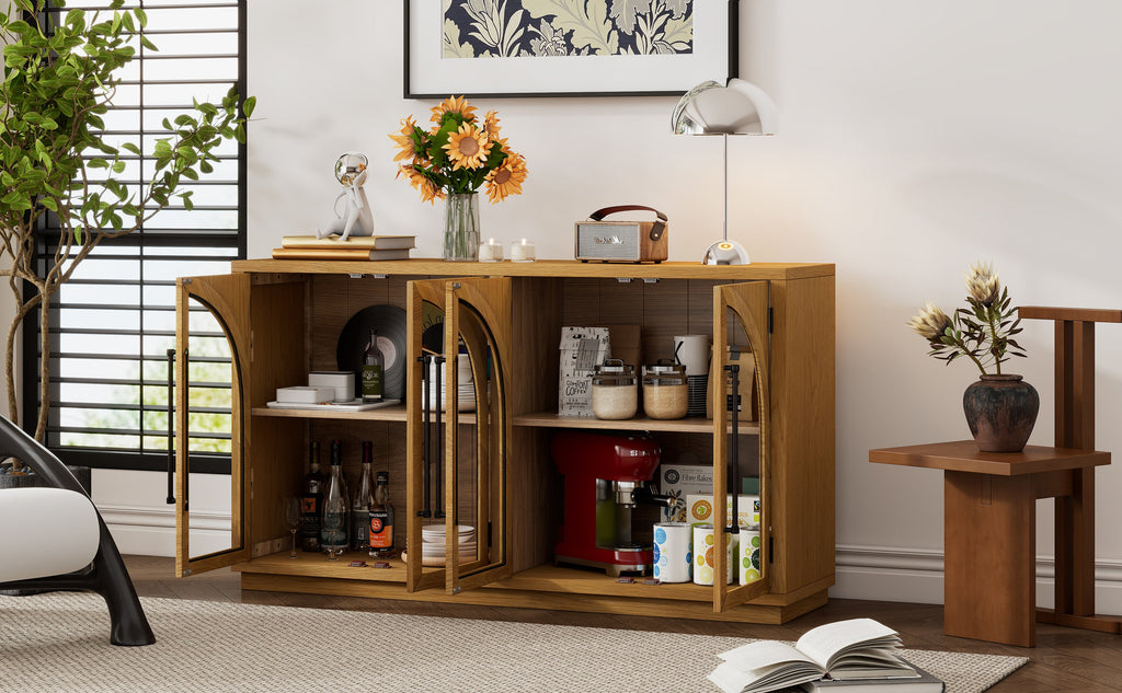 TREXM 4-Door Large Storage Sideboard Buffet Cabinet with Glass Doors, Arched Cabinet with Adjustable Shelves for Kitchen, Dining Room and Living Room (Natural Wood)