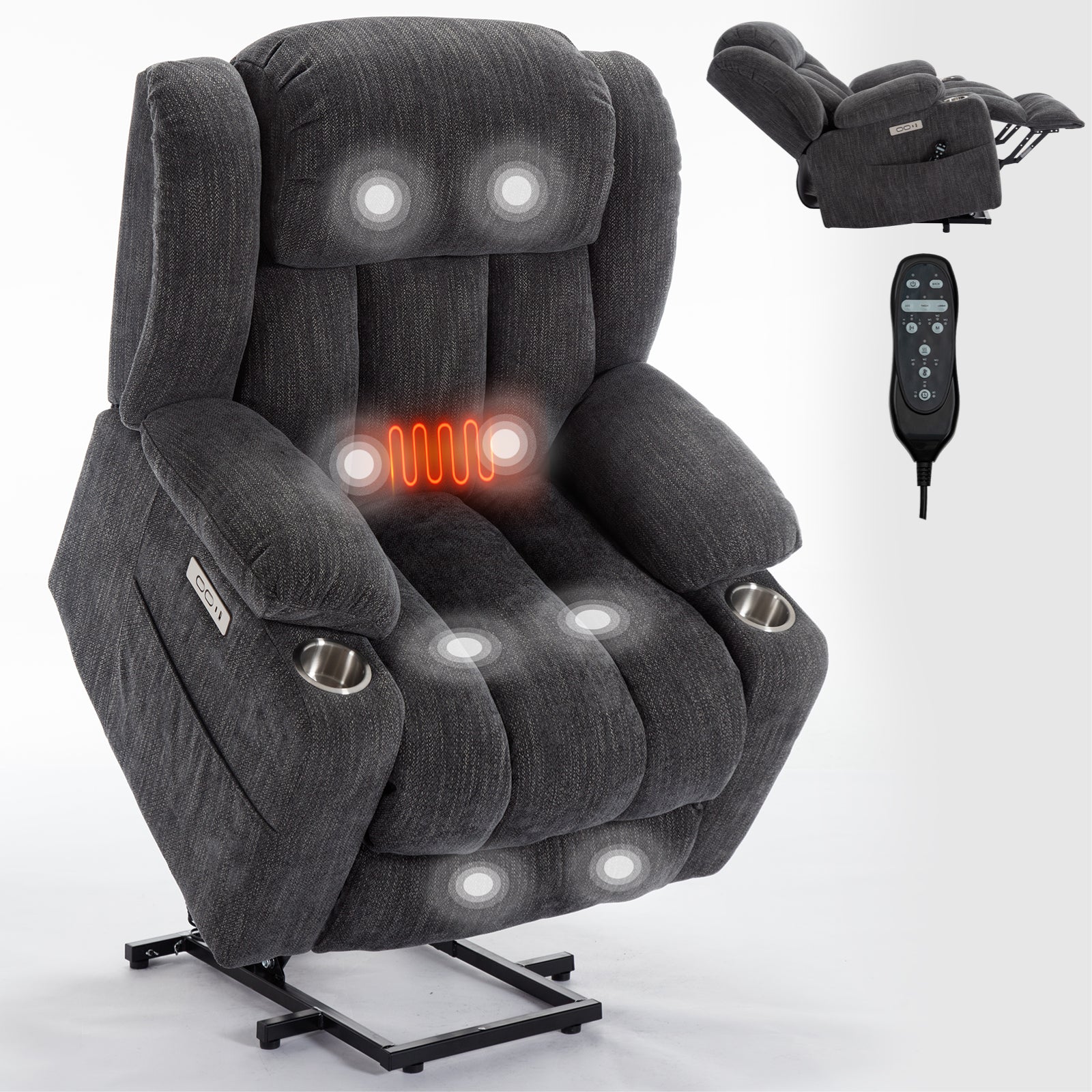 Up to 350 LBS Chenille Power Lift Recliner Chair, Heavy Duty Motion Mechanism with 8-Point Vibration Massage and Lumbar Heating, USB and Type-C Ports, Stainless Steel Cup Holders, Grey