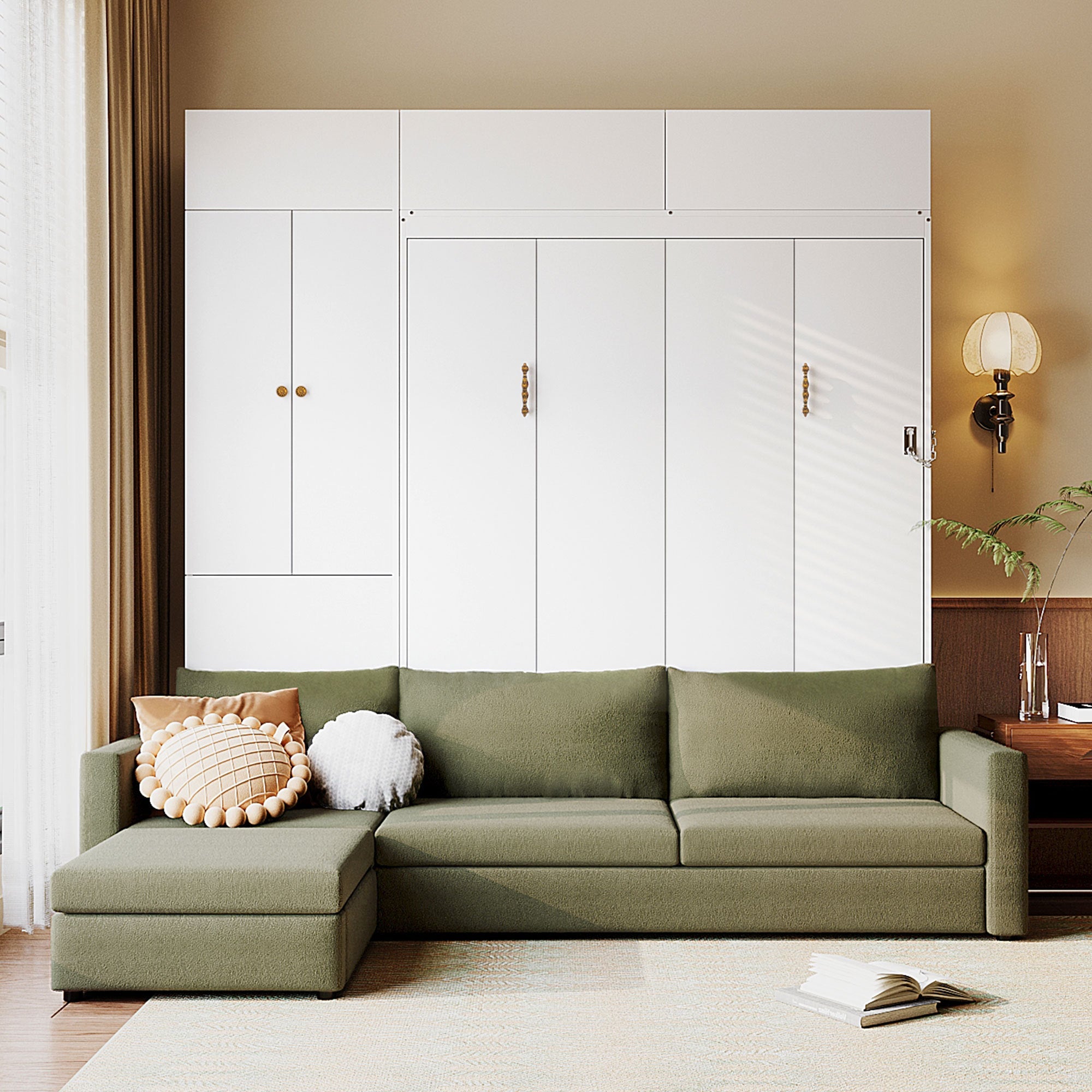 Queen Size Murphy Bed Wall Bed with Sofa and Shelves,White Panel, Green Sofa