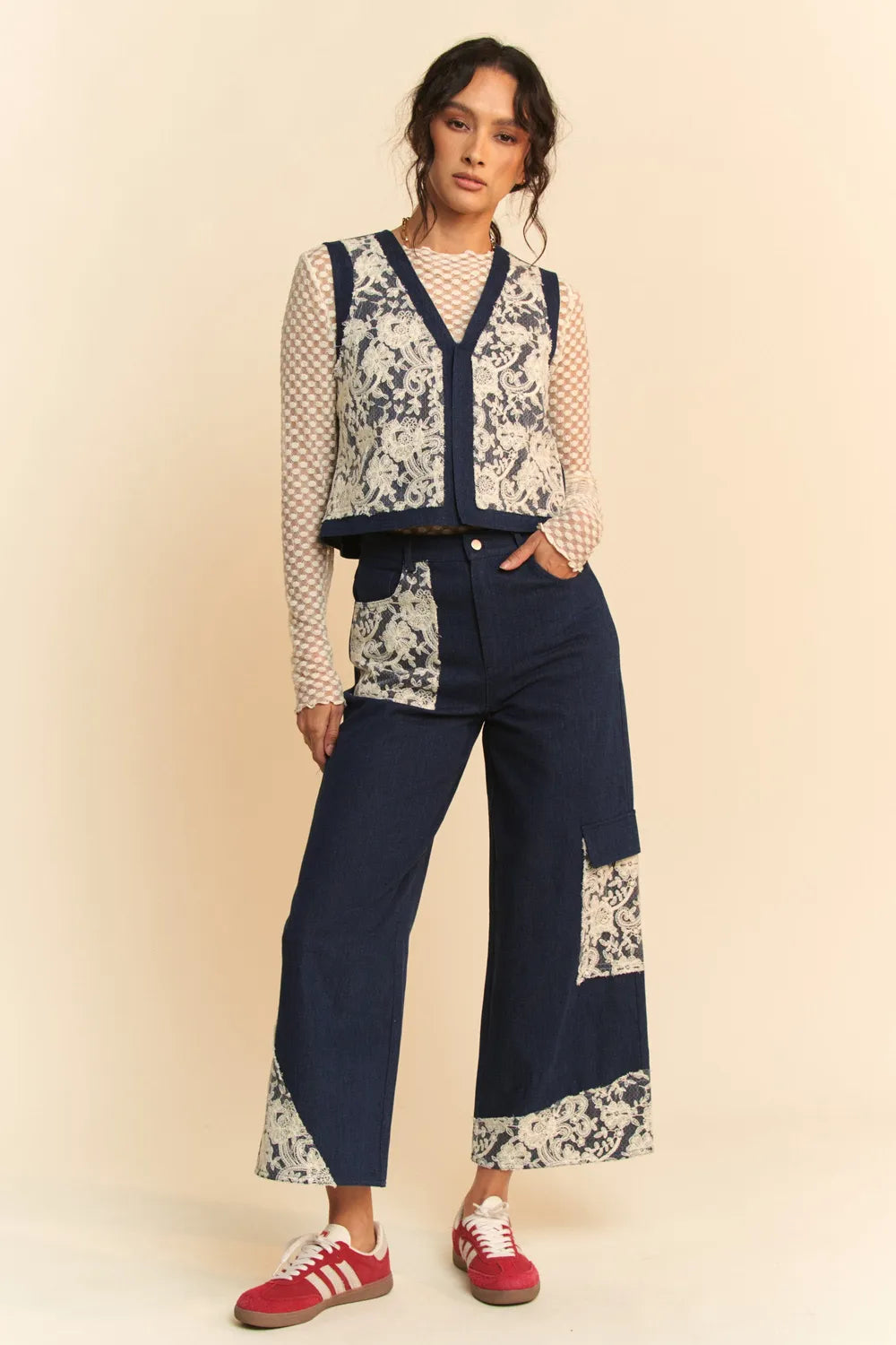Davi & Dani Lace Patch Open Front Denim Vest