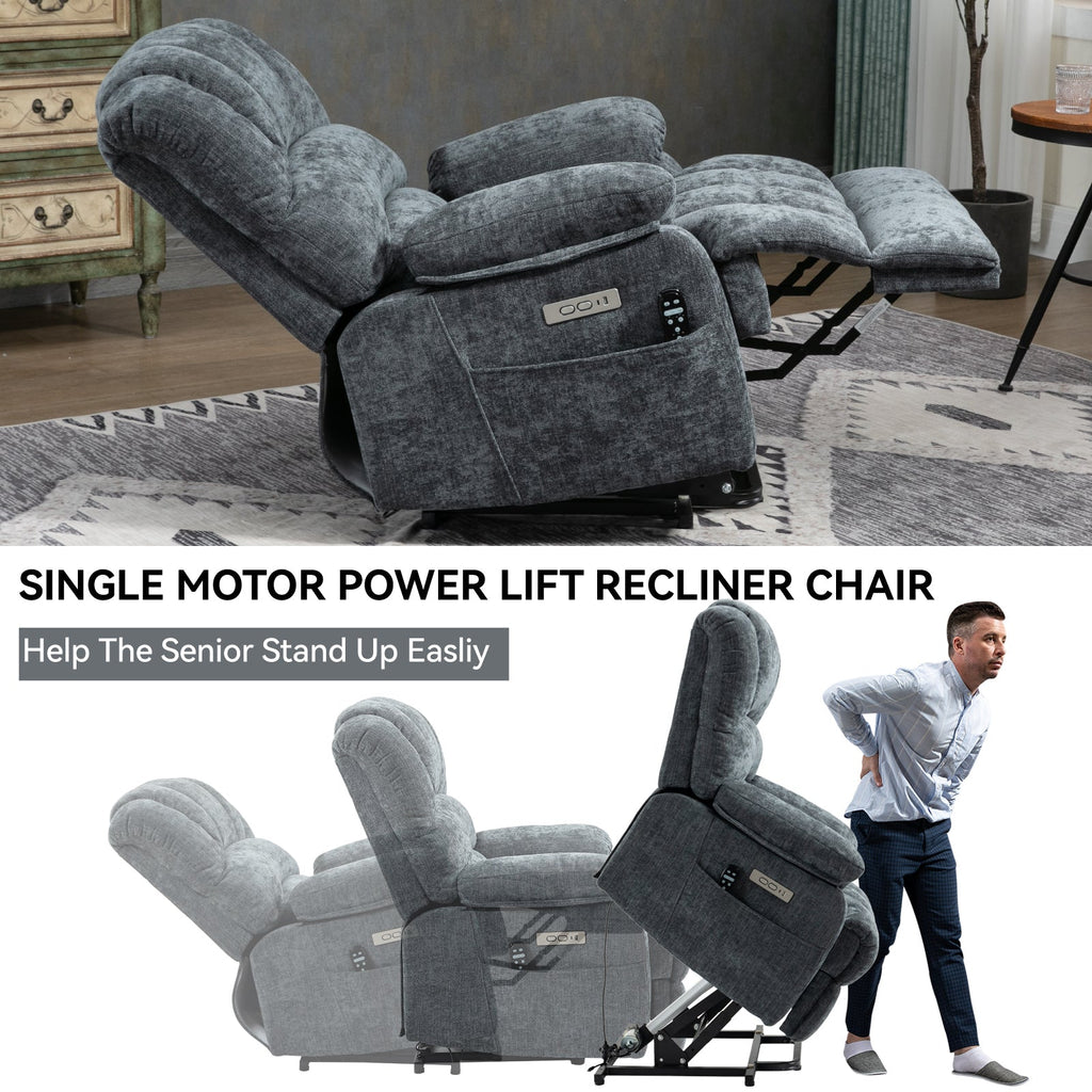 23' Seat Width and High Back Large Size Blue Grey Chenille Power Lift Recliner Chair with 8-Point Vibration Massage and Lumbar Heating