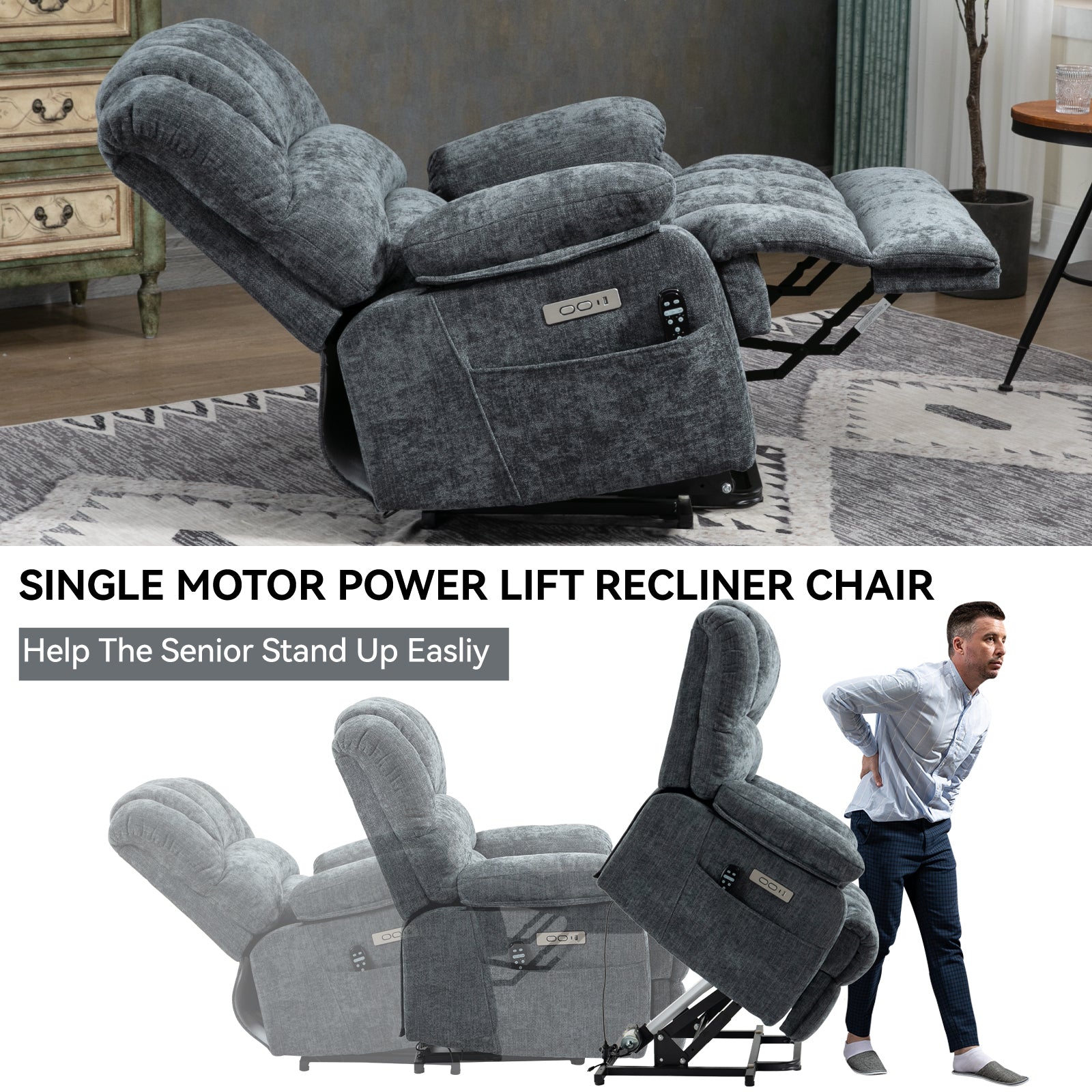 23' Seat Width and High Back Large Size Blue Grey Chenille Power Lift Recliner Chair with 8-Point Vibration Massage and Lumbar Heating