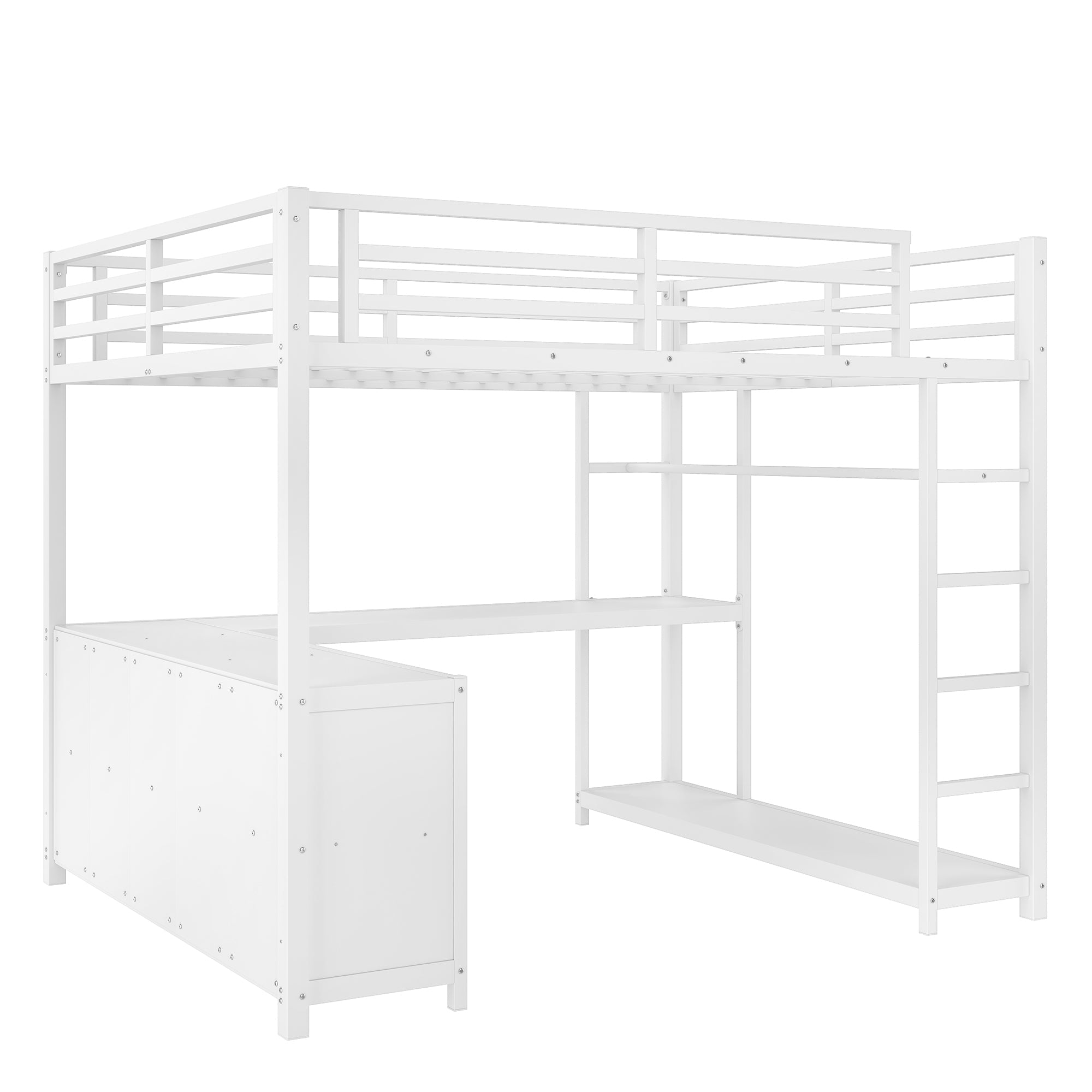 Metal Loft Bed with Wardrobe and L-shaped Desk, Queen Size Loft Bed with Storage Cubes and Shelves, Loft Bed for Kids Teens Adults, White