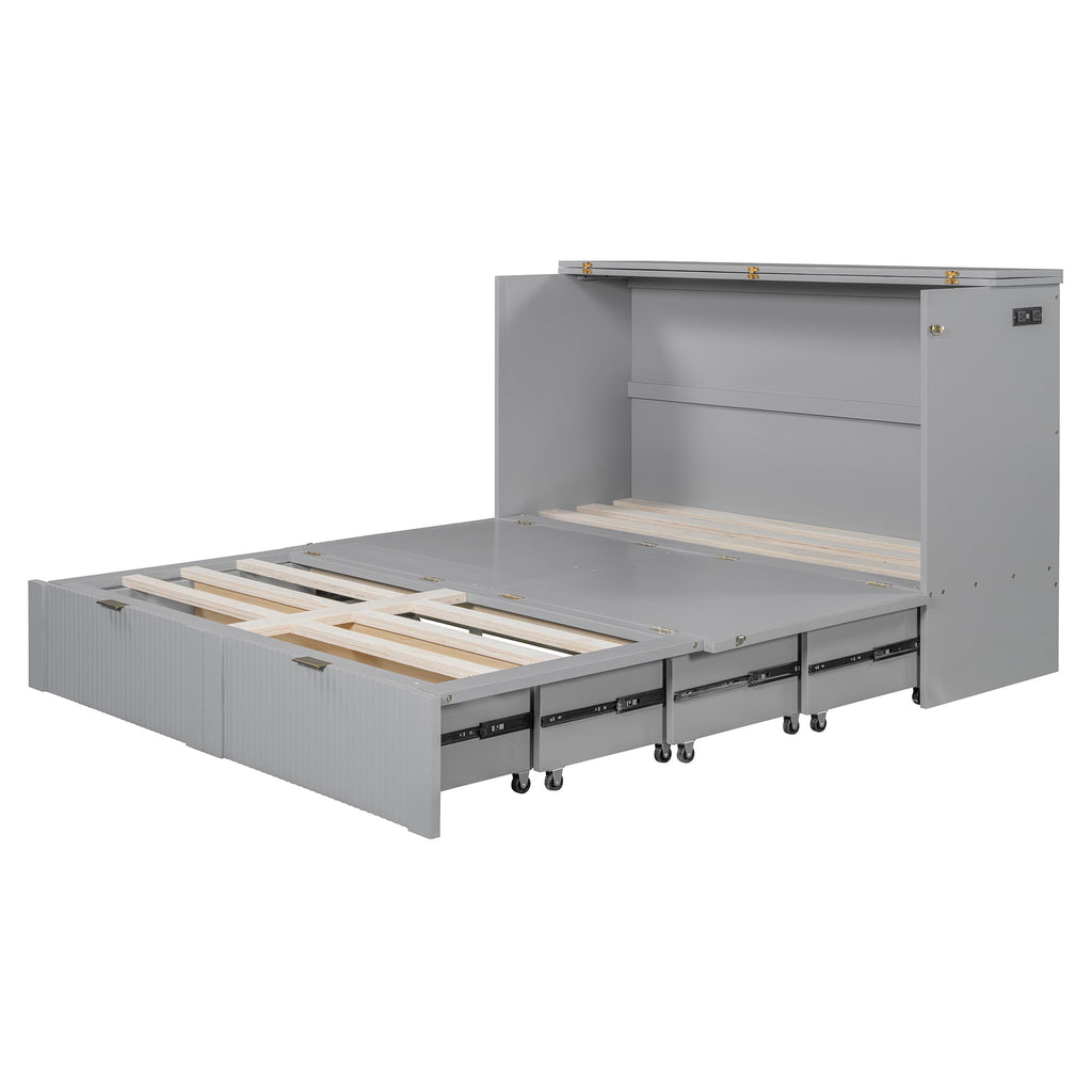 Queen Size Murphy  Bed with drawer and a set of Sockets & USB Ports, Pulley Structure Design, Gray