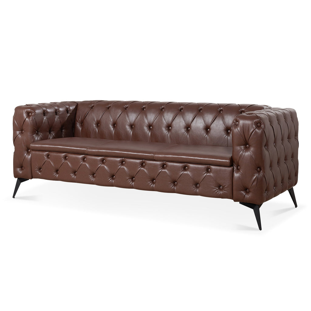 Traditional Square Arm 3-Seater Sofa with Removable Cushion, Dark Brown PU, 84.06 Inch