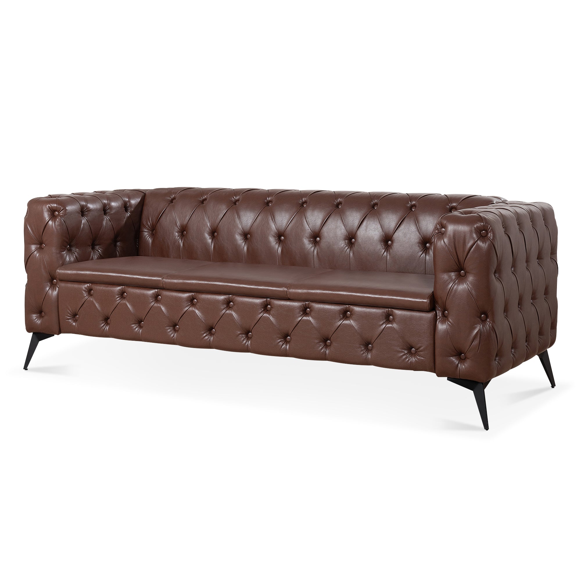 Traditional Square Arm 3-Seater Sofa with Removable Cushion, Dark Brown PU, 84.06 Inch
