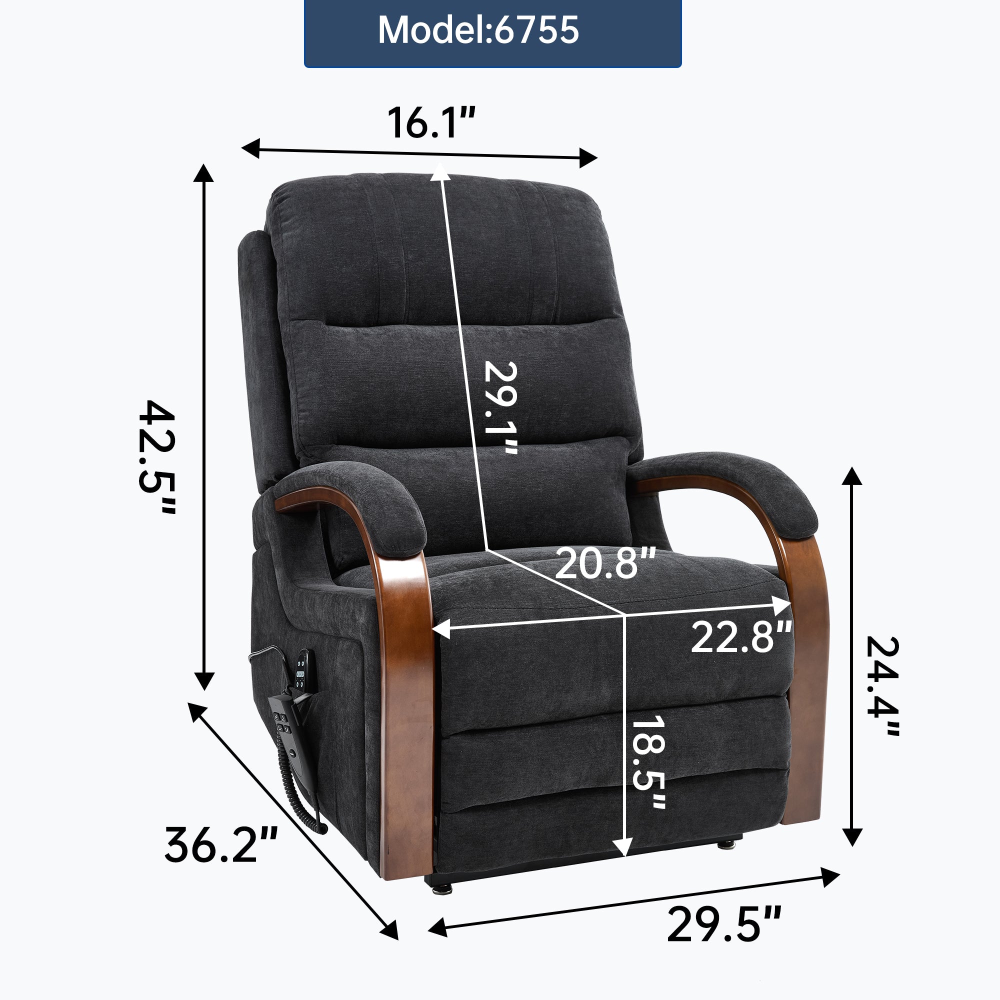 Power Black Chenille Lift Recliner Chair Dual Motor Infinite Position Up to 350 LBS with Solid Wood Armrests, Heat Massage and Heavy Duty Motion Mechanism