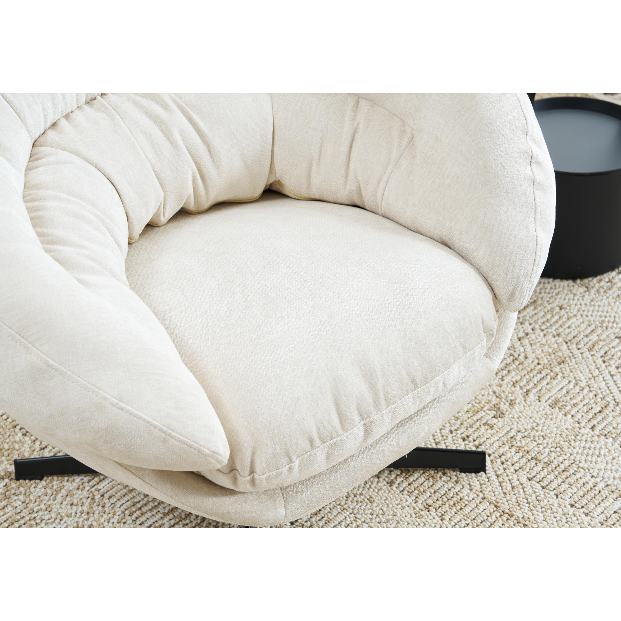 Modern Chenille Office Chair, 360° Swivel Club Chair/Accent Chair with Removable Cushion, Round Office Chair, Black Metal Base, Cotton Material, Living Room, Bedroom, Reading Corner, Office (Beige)