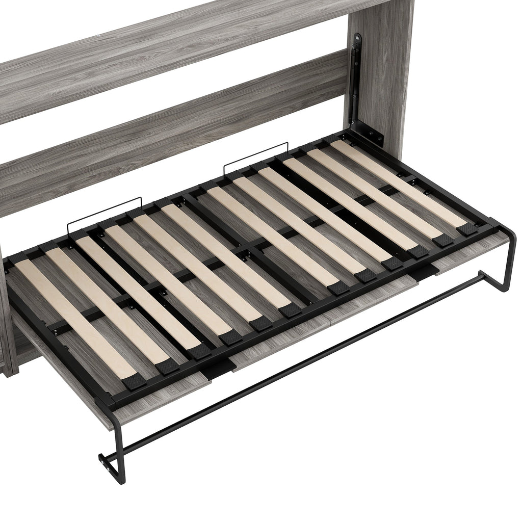 Twin Size Murphy Bed with Drawers and LED Light, can be Folded into a Cabinet, Gray