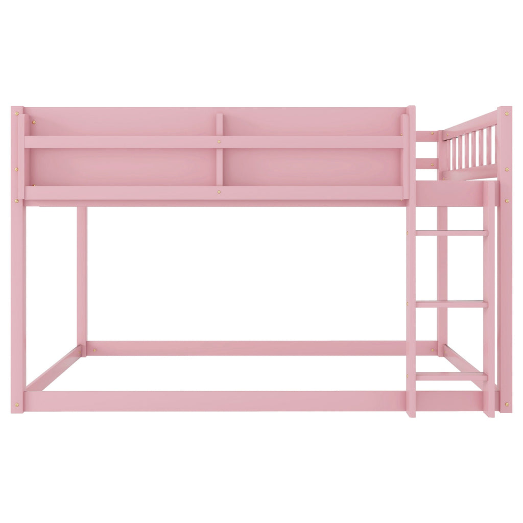 Low Twin Over Twin Bunk Bed, Floor Bunk Bed with Ladder, Solid Wood Twin Bunk Bed for Kids & Juniors, Pink(Expect Arrival Date 2025/11/25)