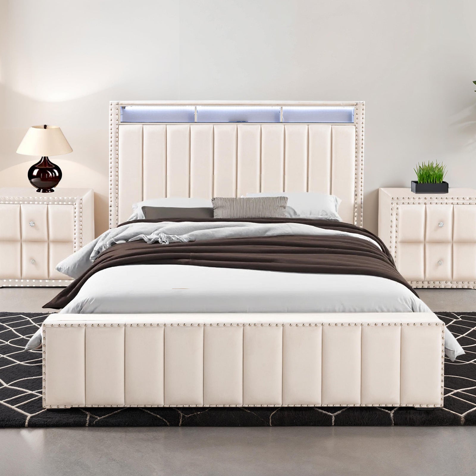 Queen Size Bed 2x Nightstands Bedroom Furniture Contemporary Beige Fabric Upholstered Bedframe w LED Nailhead Trim 3pc Bedroom Set