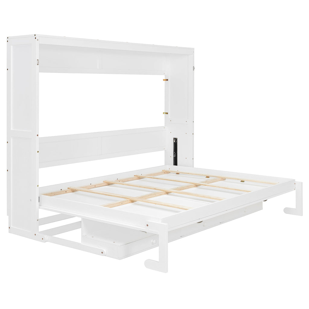 Queen Size Wall Murphy Bed with Storage, Foldable Cabinet Bed with Vanity Desk, Center Mirror & 2 Side Drawers, White