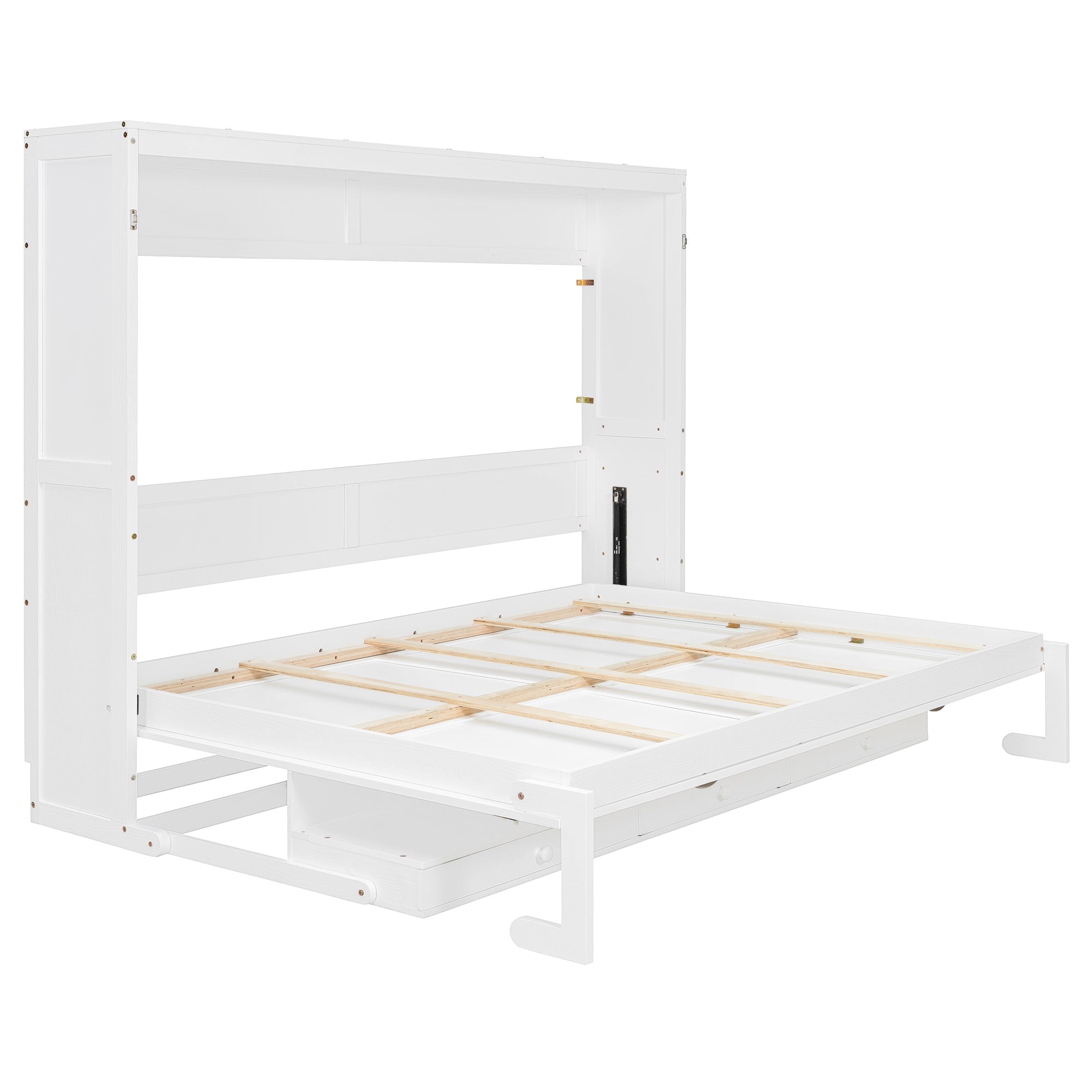 Queen Size Wall Murphy Bed with Storage, Foldable Cabinet Bed with Vanity Desk, Center Mirror & 2 Side Drawers, White