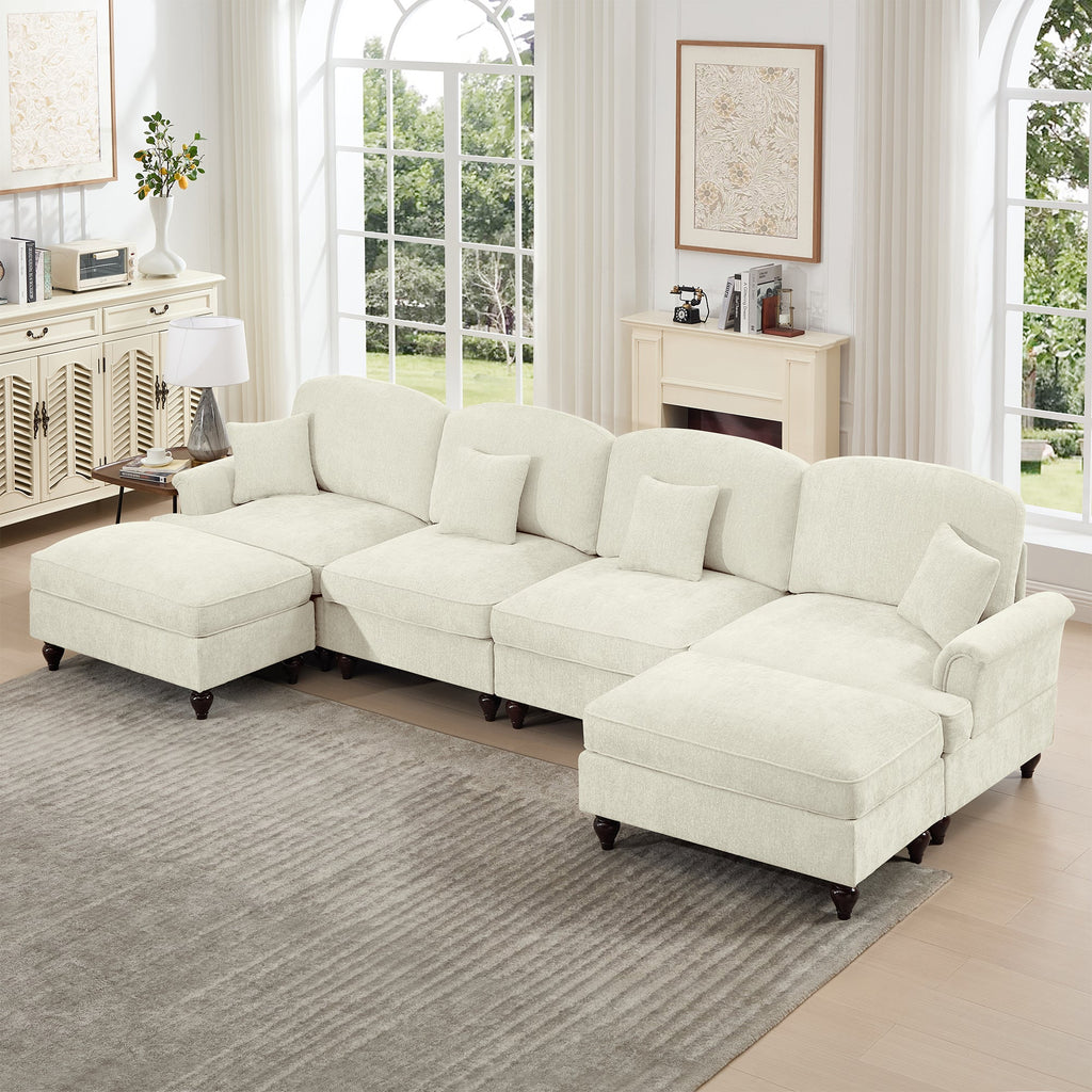 Classic U Shape 4 Seater Modular Sectional Sofa Couch with Flared Arms and Removable Ruffles Pleats Skirts and Spindle Legs, Chenille Deep Seat Cloud Sofa with Movable Ottomans, Beige White