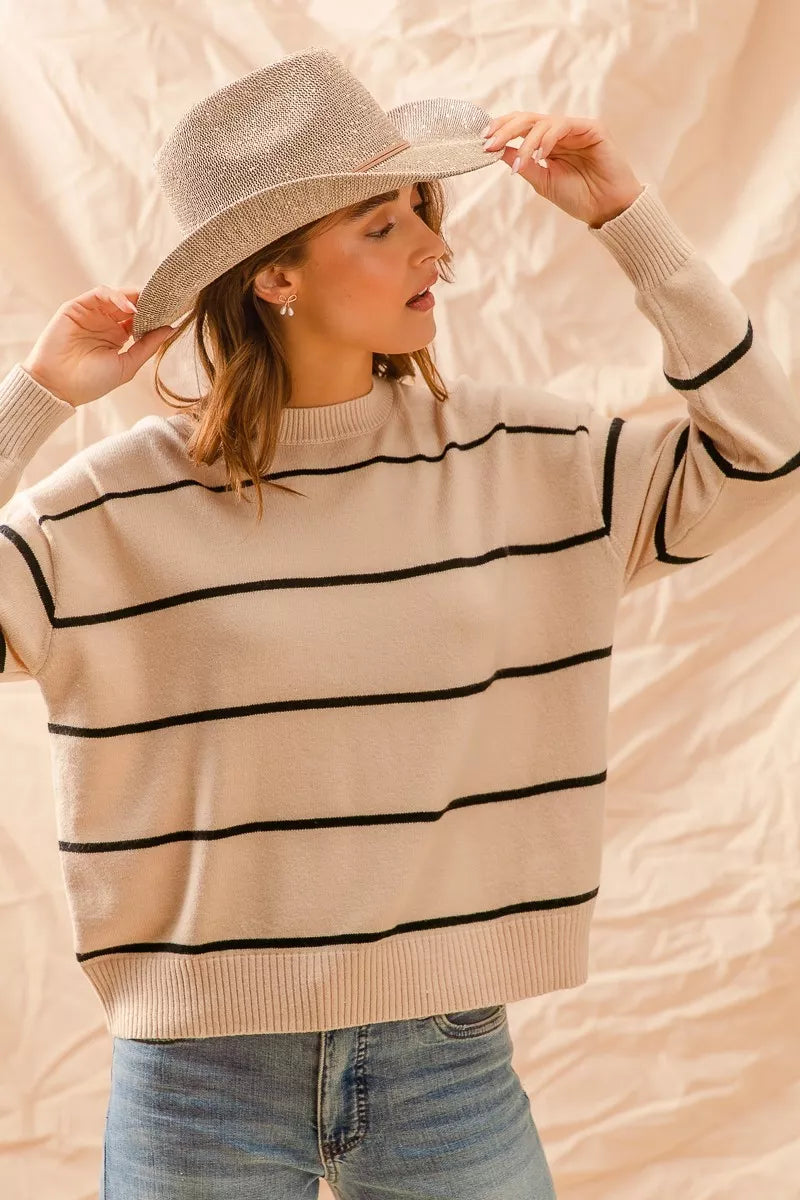 SO ME Stripe Crew Neck Basic Essential Sweater
