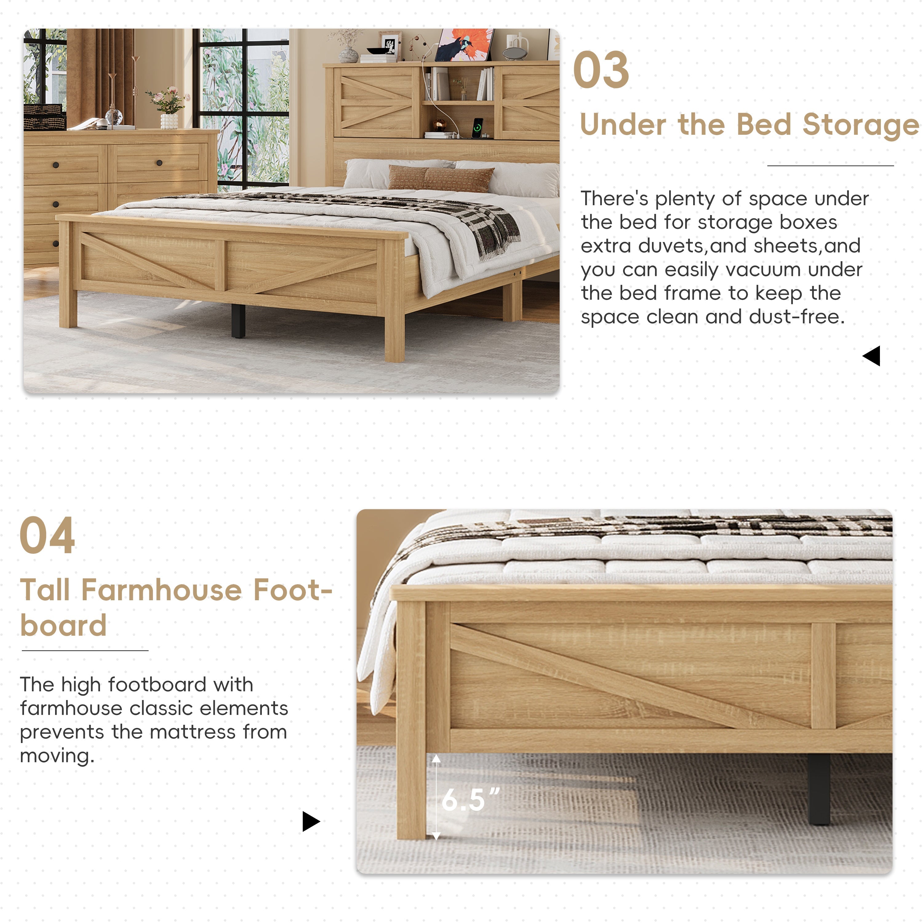 3-Pieces Bedroom Sets Full Size Farmhouse Platform Bed with Double Sliding Door Storage Headboard and Charging Station, Storage Nightstand and Dresser, Natural