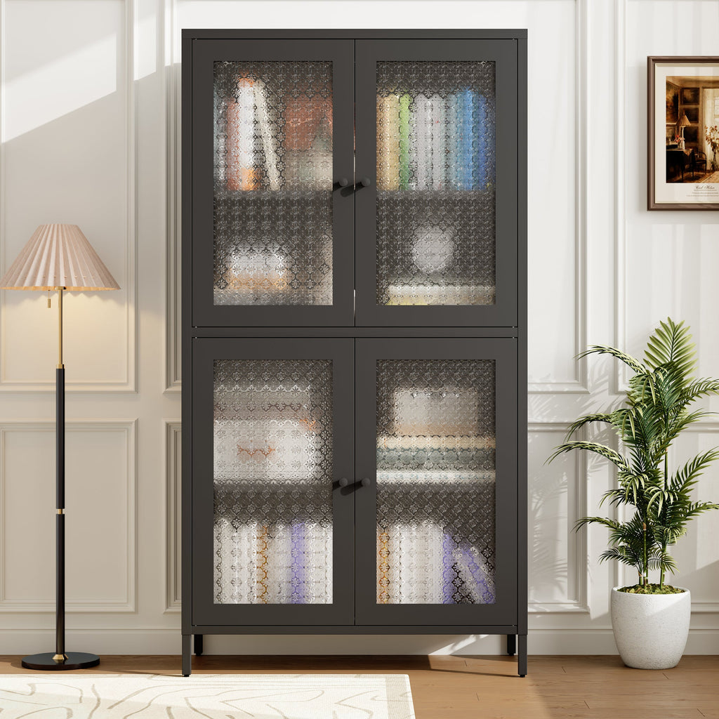 Classic Metal Storage Cabinet Display Cabinet with 4 Glass Doors 4 Shelves Cabinet Freestanding Bookcase Side Cabinet for Home Office Living Room Kitchen Hallway - Black, Begonia Flower Tempered Glass
