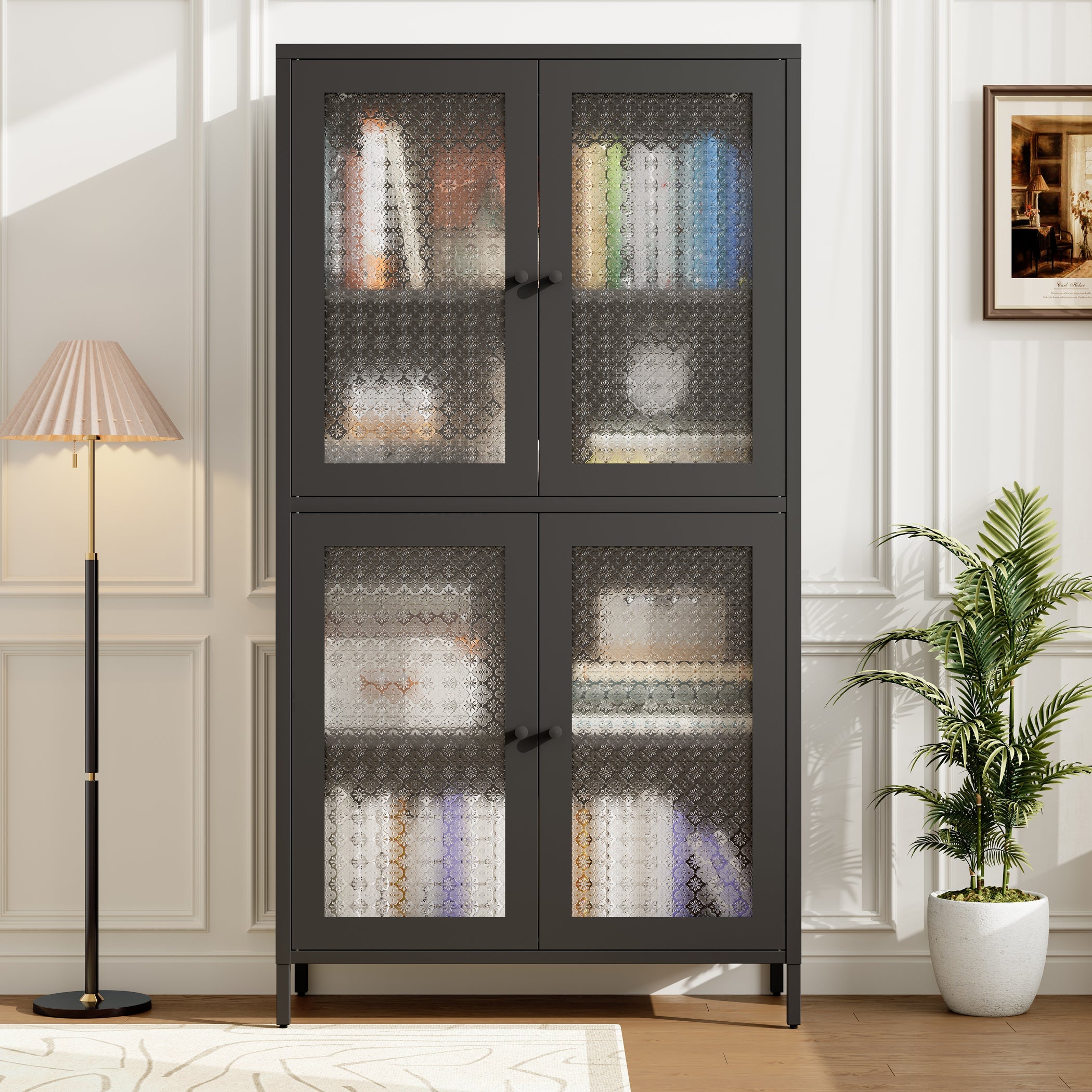 Classic Metal Storage Cabinet Display Cabinet with 4 Glass Doors 4 Shelves Cabinet Freestanding Bookcase Side Cabinet for Home Office Living Room Kitchen Hallway - Black, Begonia Flower Tempered Glass