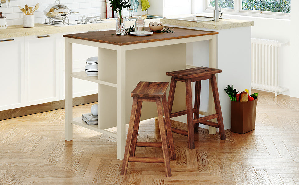 TOPMAX Rustic 3-piece Stationary Kitchen Island Set with Butcher Block and Seating, Walnut and Cream White
