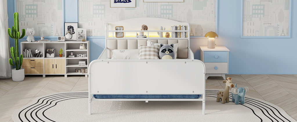 Full Size Metal Platform Bed Frame with Light, Kids Full Metal Bed with Upholstered and Storage Headboard, White (Expect Arrival Date 2025/10/5)