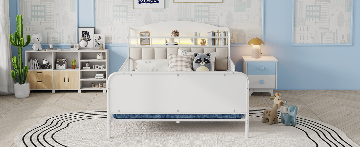 Full Size Metal Platform Bed Frame with Light, Kids Full Metal Bed with Upholstered and Storage Headboard, White (Expect Arrival Date 2025/10/5)