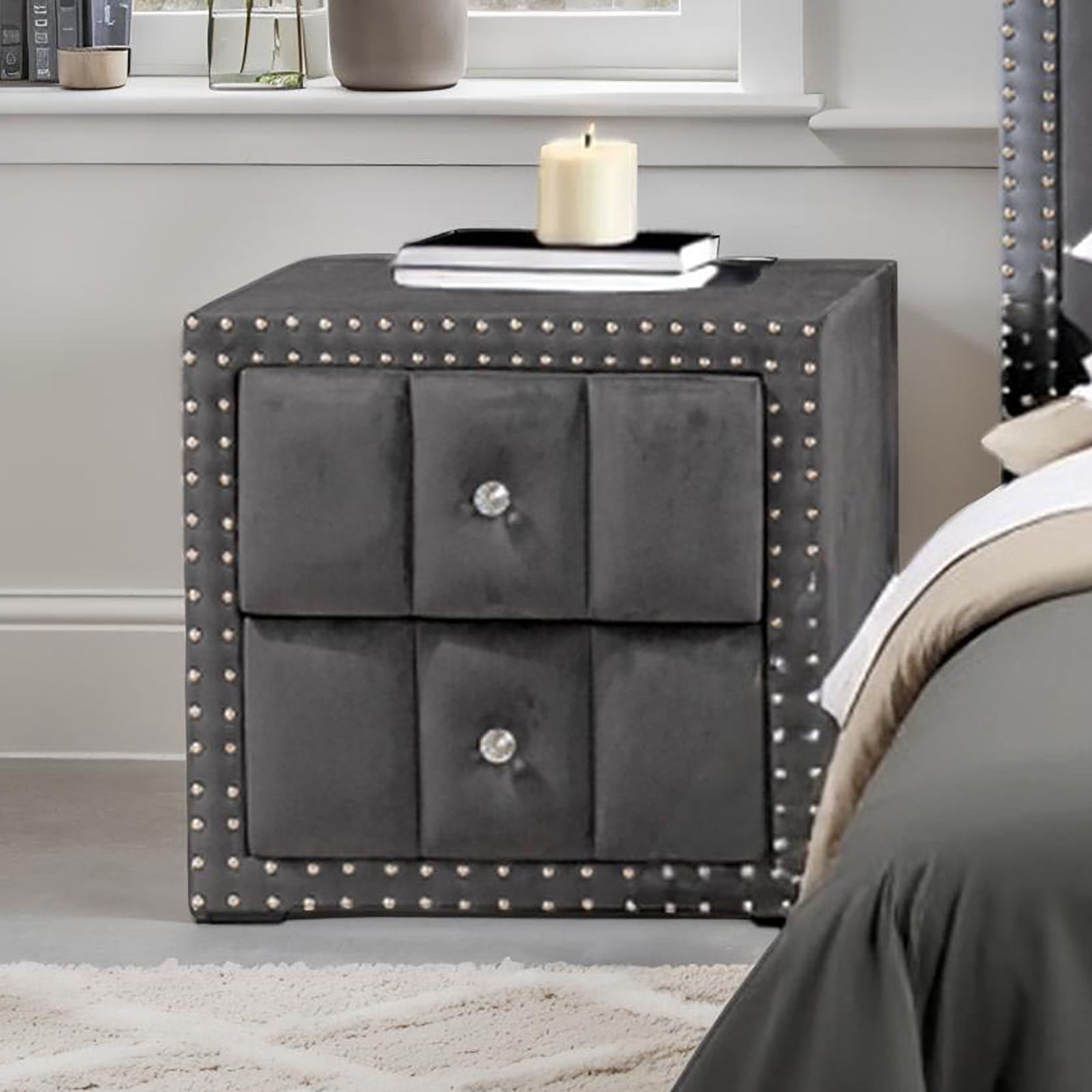 Contemporary 3pc Bedroom Set Full Size Bed 2x Nightstands Bedroom Furniture Dark Gray Fabric Upholstered Bedframe w LED Nailhead Trim