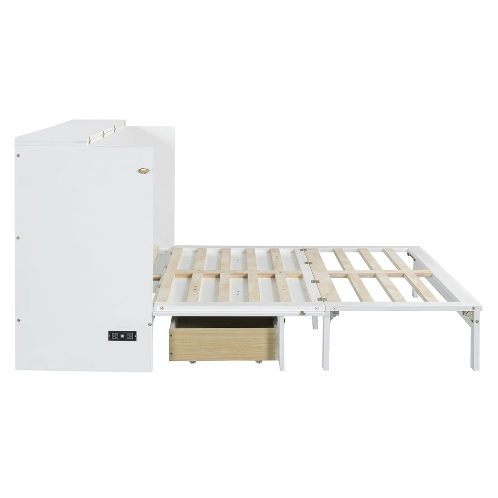 Queen Size Murphy Bed with Large Drawers, White