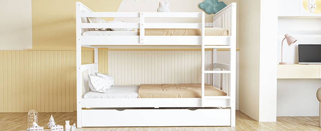 Full over Full Bunk Bed with Twin Size Trundle and Ladder-White(Old SKU: LT000204AAK)
