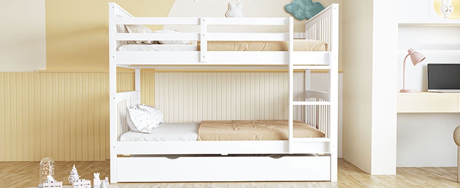 Full over Full Bunk Bed with Twin Size Trundle and Ladder-White(Old SKU: LT000204AAK)