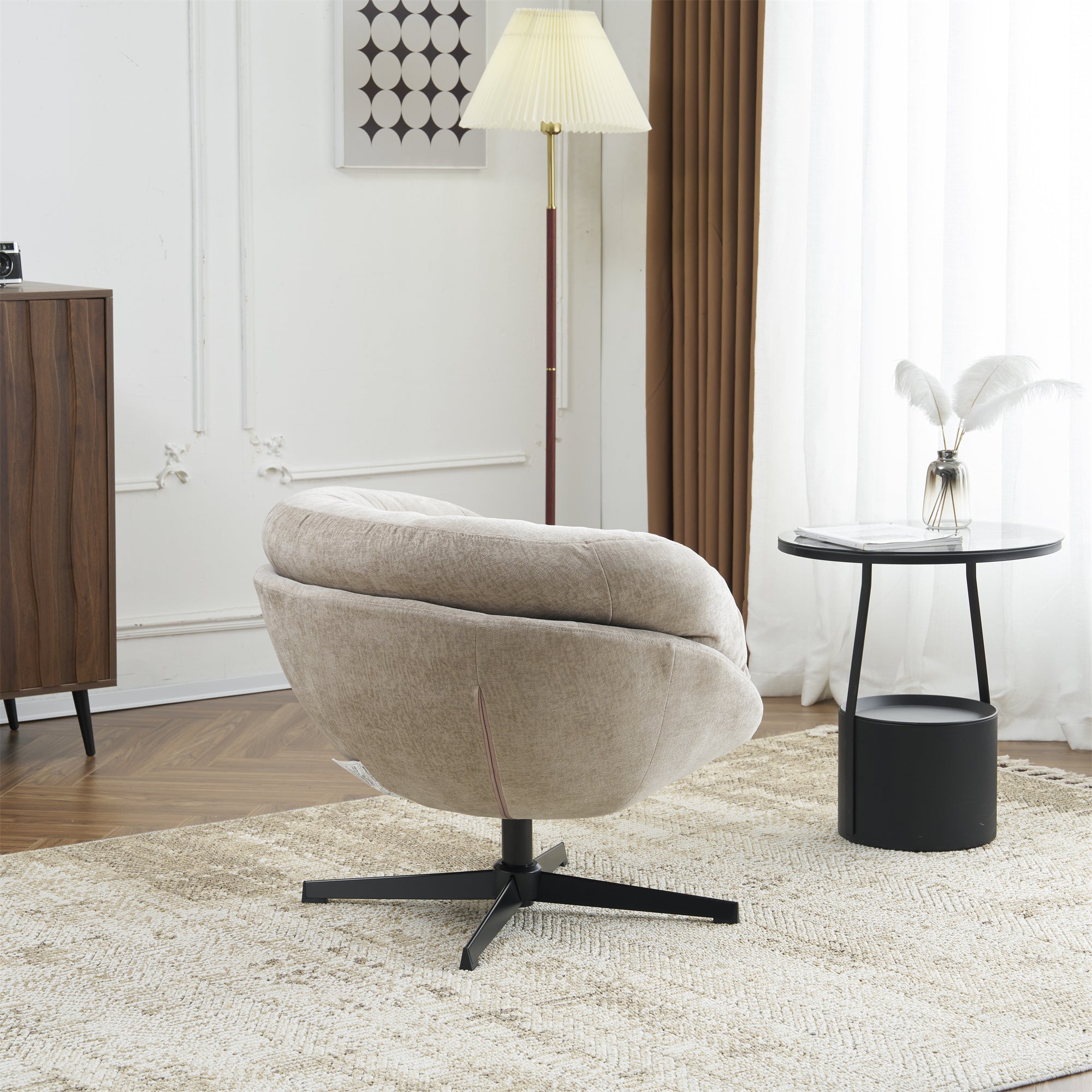 Modern Chenille Office Chair, 360° Swivel Club Chair/Accent Chair with Removable Cushion, Round Office Chair, Black Metal Base, Cotton Material, Living Room, Bedroom, Reading Corner, Office (Brown)