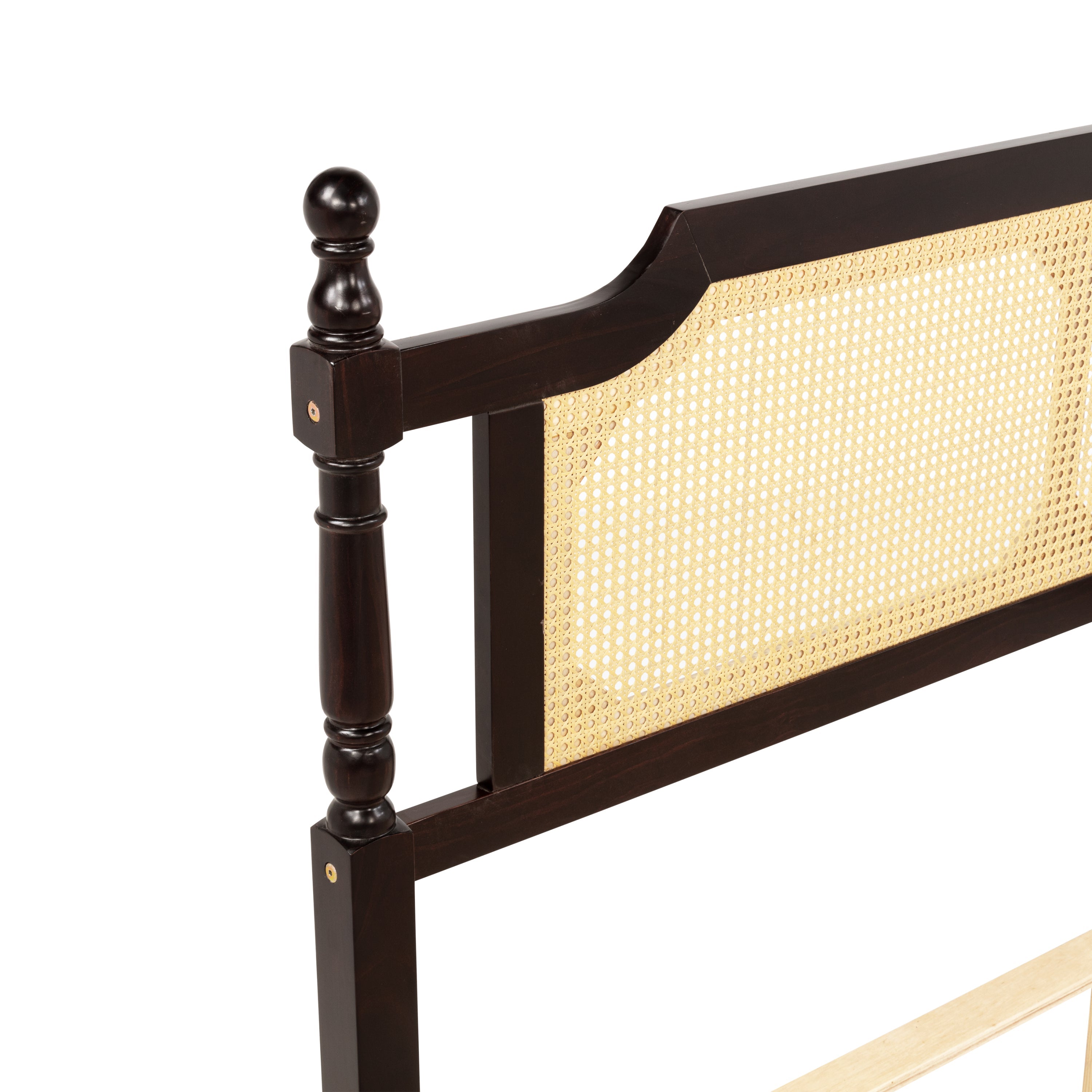 Queen Pine wooden Bed with Rattan Headboard  and Footboard, with  Central Enhanced Bed Platform ,Espresso