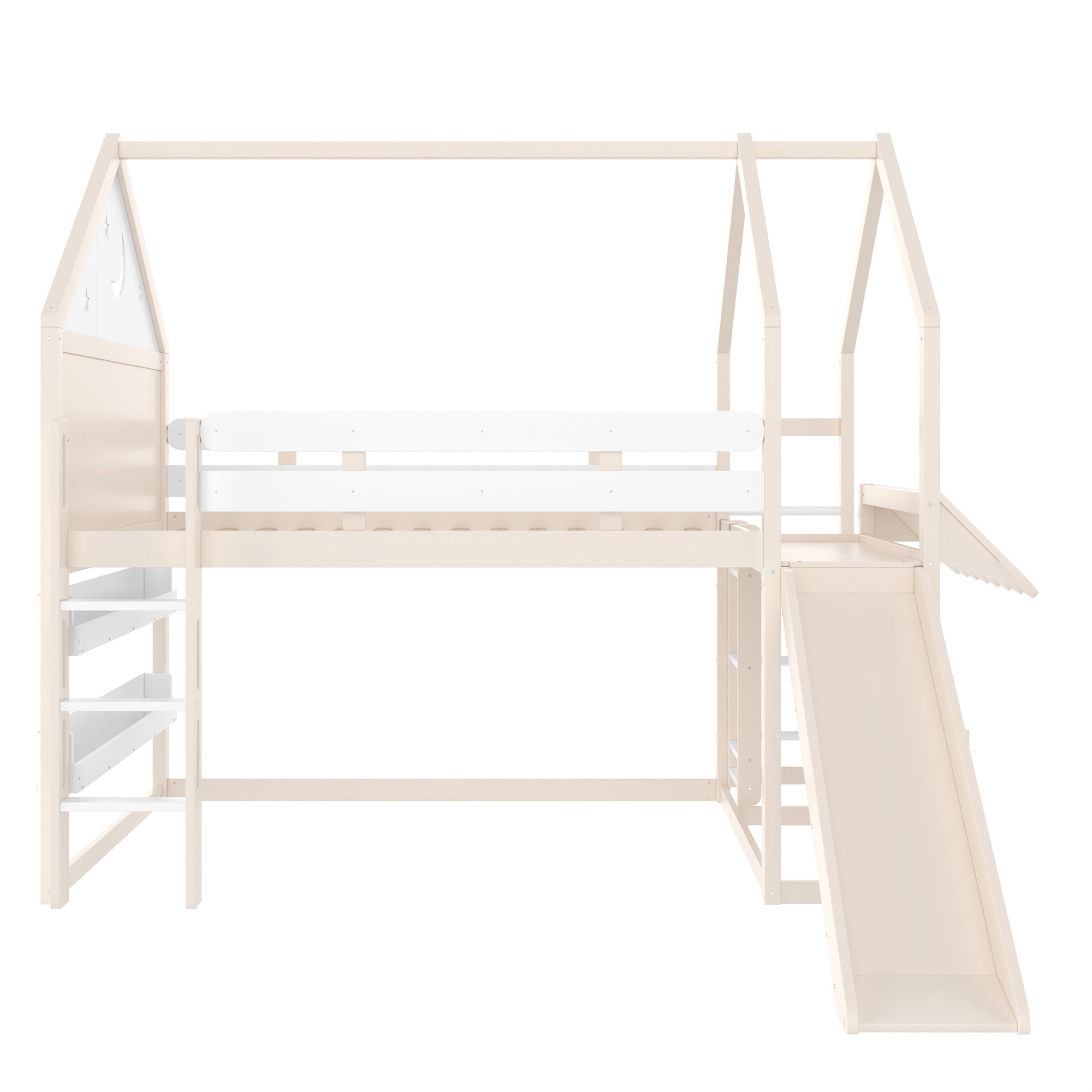 Full Size Loft Bed with Bookshelf Playful Design for Kids House-Shaped Structure with Slide High-Quality Safety Rails,Beige