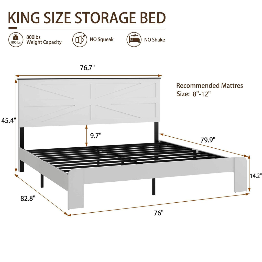 Full Bed Frame Headboard , Wood Platform Bed Frame , Noise Free,No Box Spring Needed and Easy Assembly Tool,Large Under Bed Storage,White