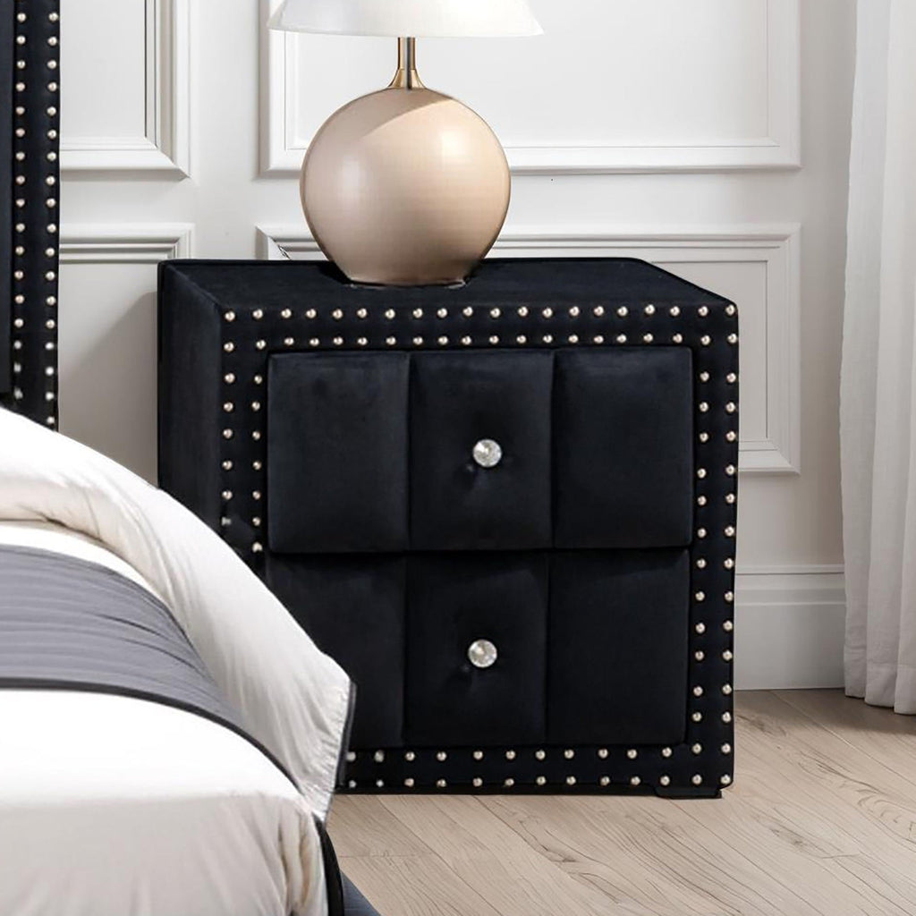 Full Size Bed And 2x Nightstands Bedroom Furniture Luxury Look Black Fabric Upholstered Bedframe w LED Nailhead Trim 3pc Bedroom Set