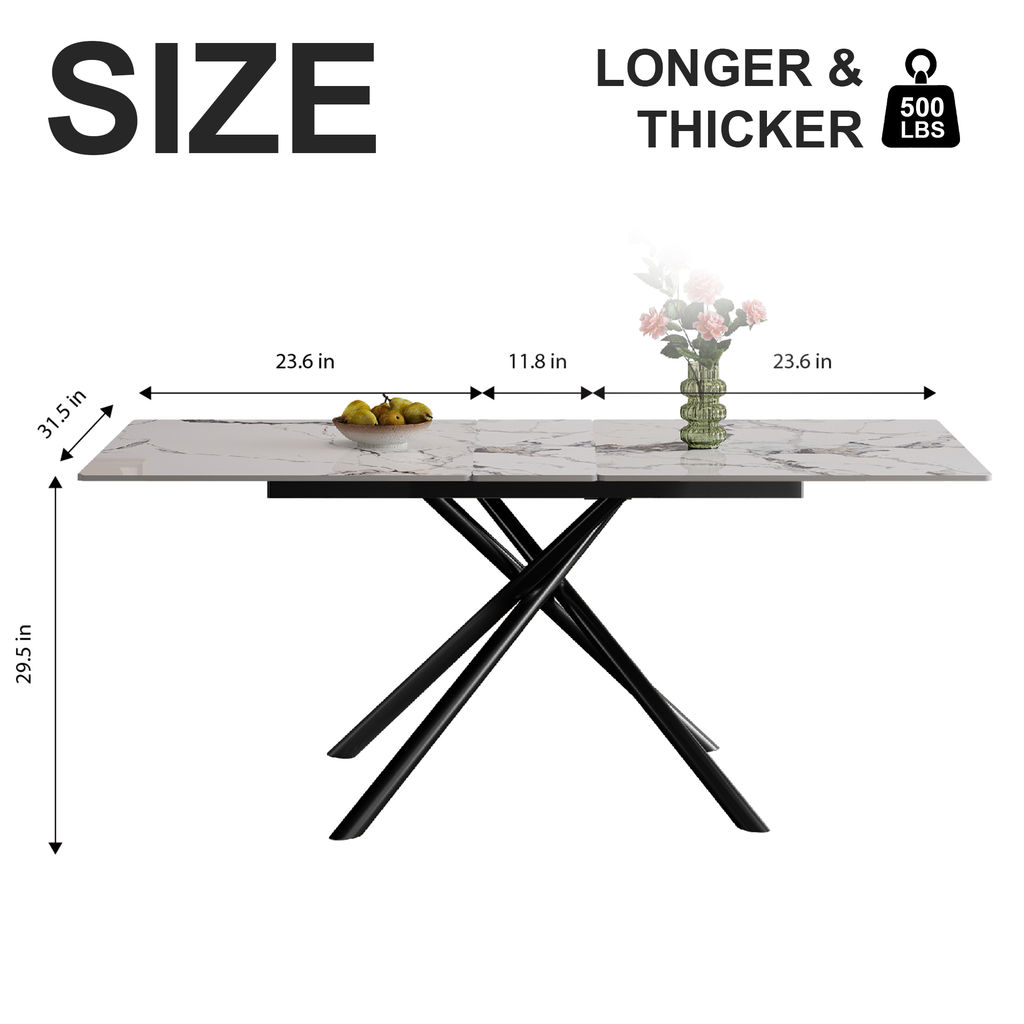 59-inch Modern rectangle Expandable Dining Table with Retractable Leaf, Sintered Stone Top & Black Carbon Steel X-Base, Sturdy 4-6 Person Table for Small Apartments, Kitchen, Dining Room