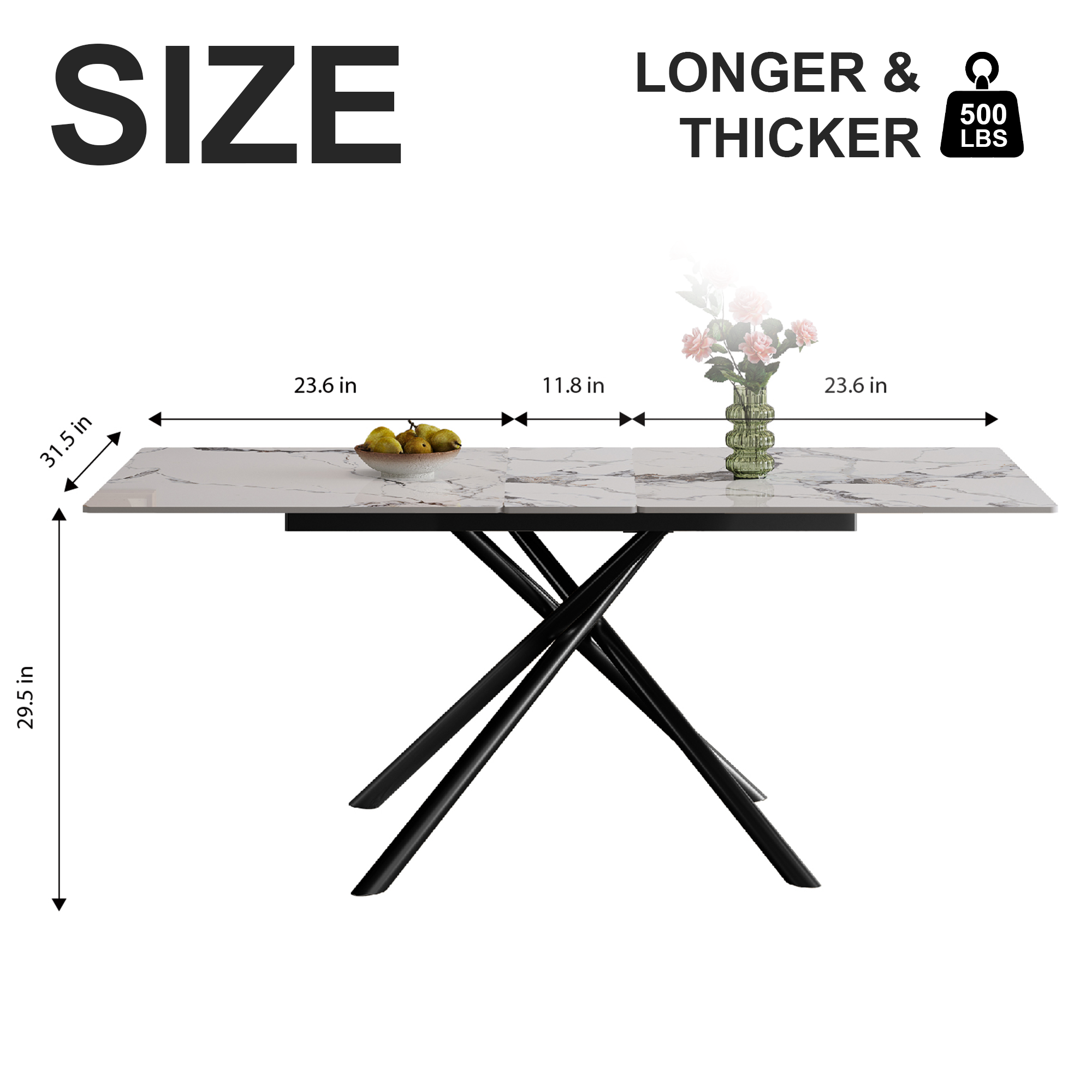 59-inch Modern rectangle Expandable Dining Table with Retractable Leaf, Sintered Stone Top & Black Carbon Steel X-Base, Sturdy 4-6 Person Table for Small Apartments, Kitchen, Dining Room